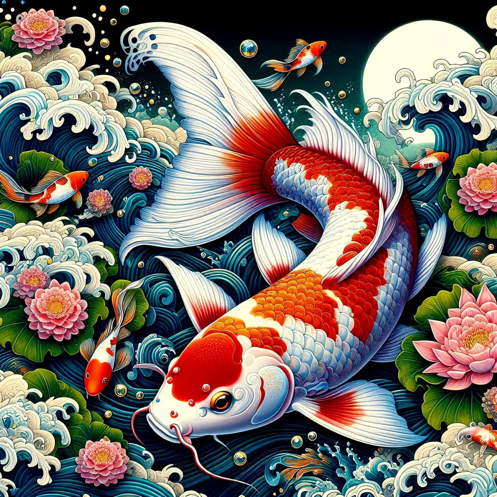 Pesce giapponese SOul Of Moon poster con telaio in legno da Delaney Okuneva