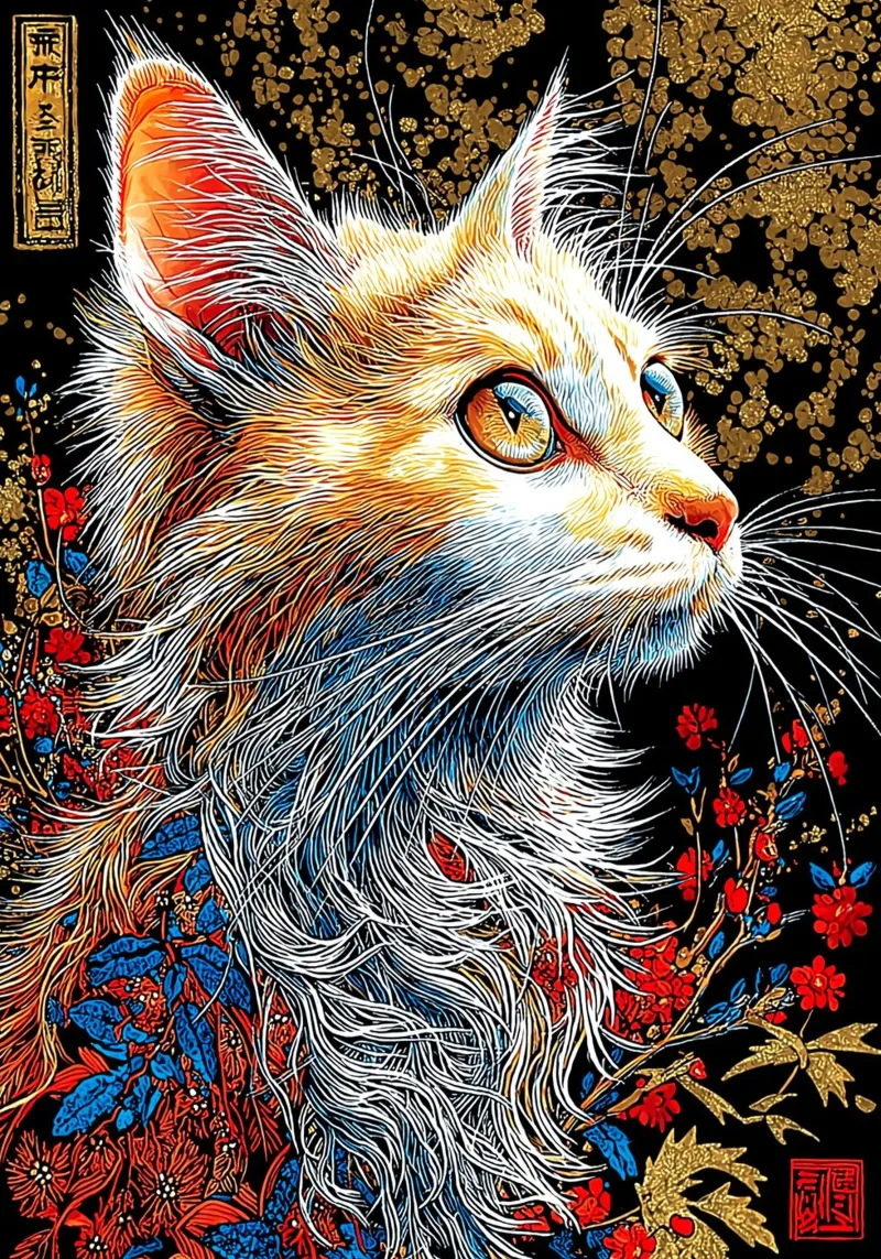 Ritratto di gatto decorato con accenti floreali poster con telaio in plastica da Fleur de Lys