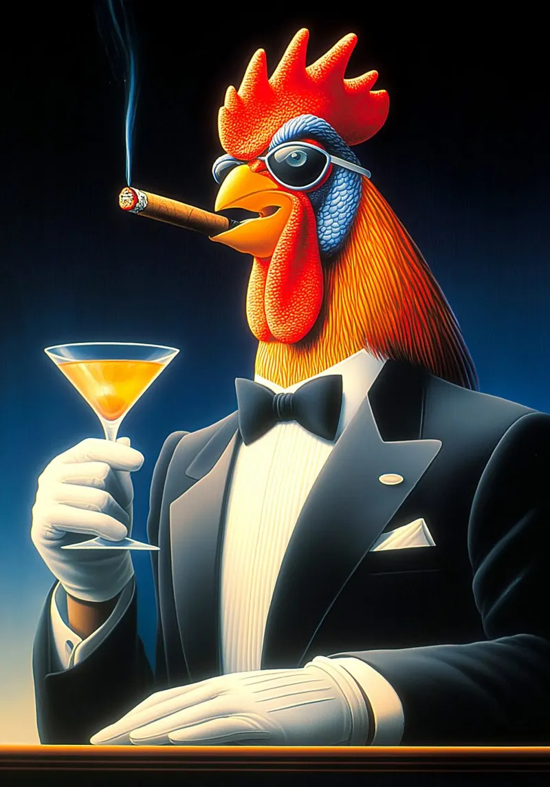 Gallo smoking fantasia che fuma il sigaro poster con telaio in legno da Fleur de Lys