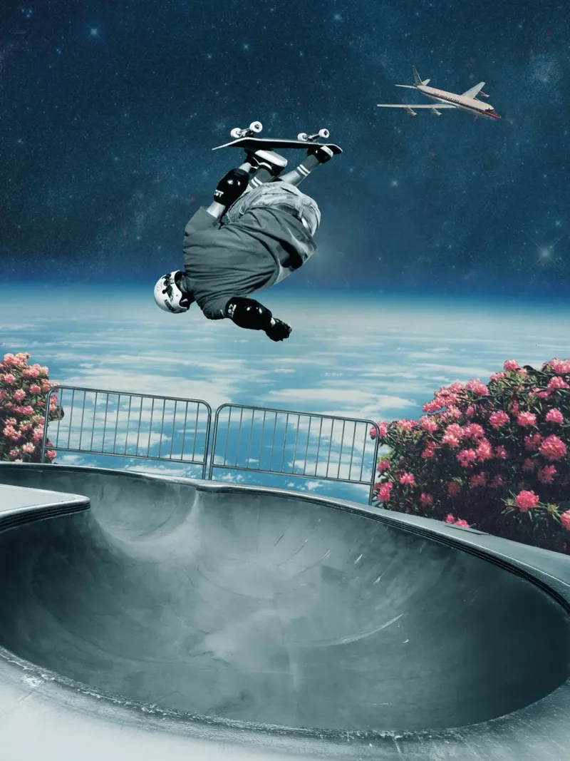 Pro Skater - Collage cosmico surreale poster con telaio in alluminio da Dapidoka