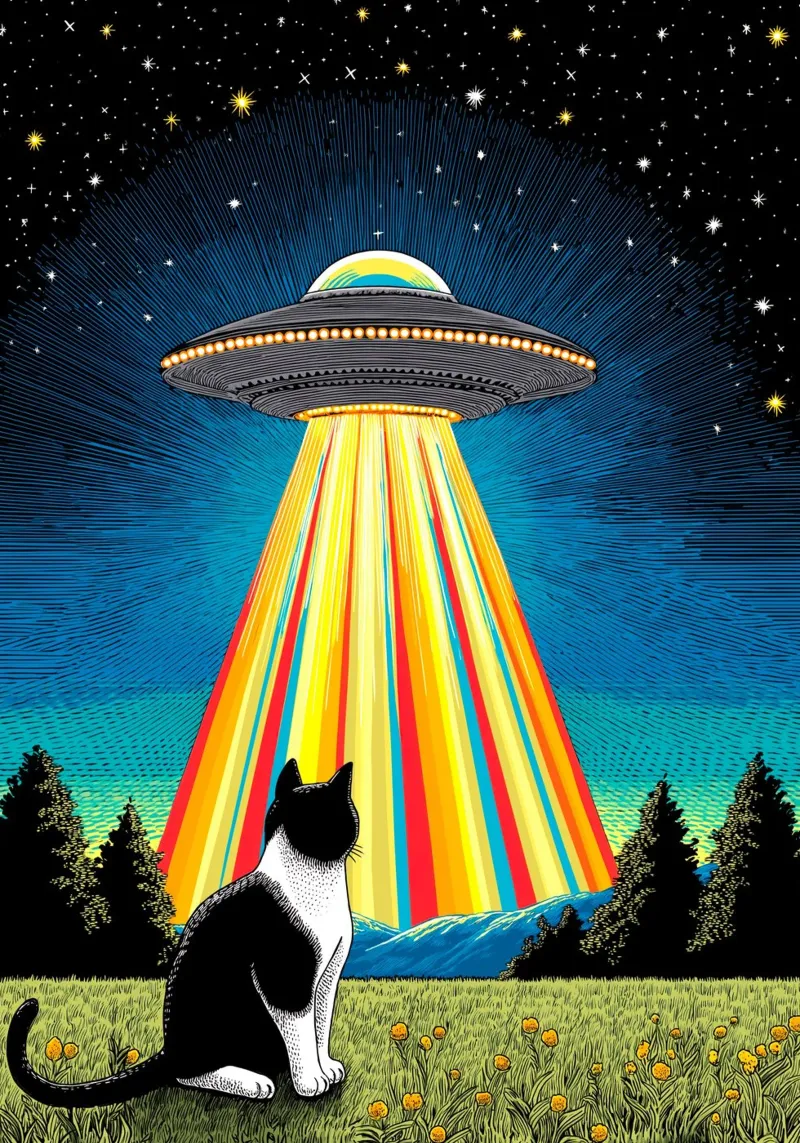 Cat, UFO, and Rainbow Beam canvas by Fleur de Lys