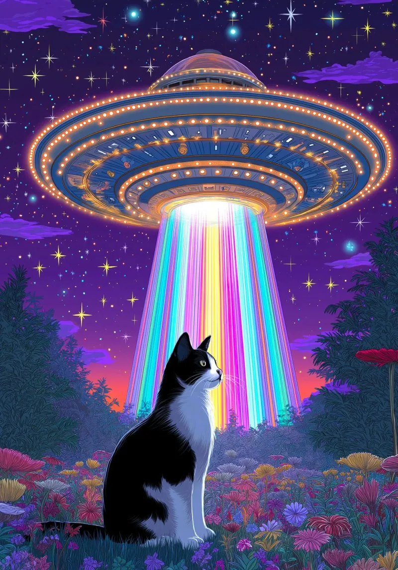 Cat and UFO canvas by Fleur de Lys