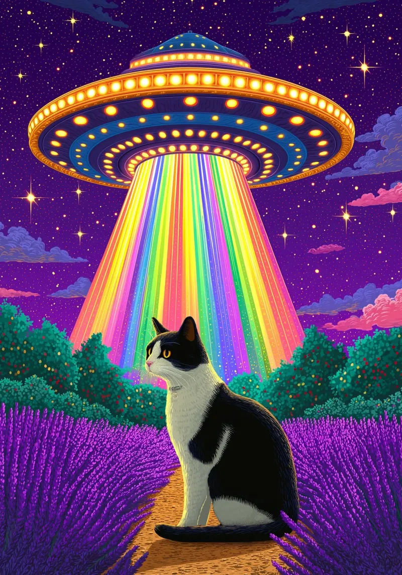 Cat and UFO canvas by Fleur de Lys