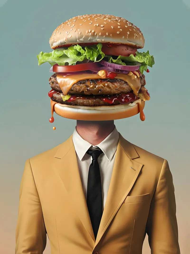 Uomo con testa di hamburger e vestito pellicola backlit da 🥝 KIWI STORE