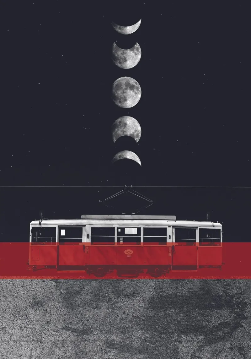 Moon Phases and the Red Tram canvas with Floater frame by Dapidoka