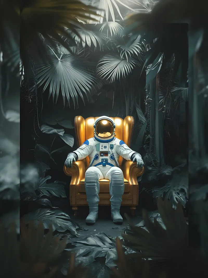 Astronauta nella giungla | Surrealismo poster con telaio in plastica da Plain Thoughts