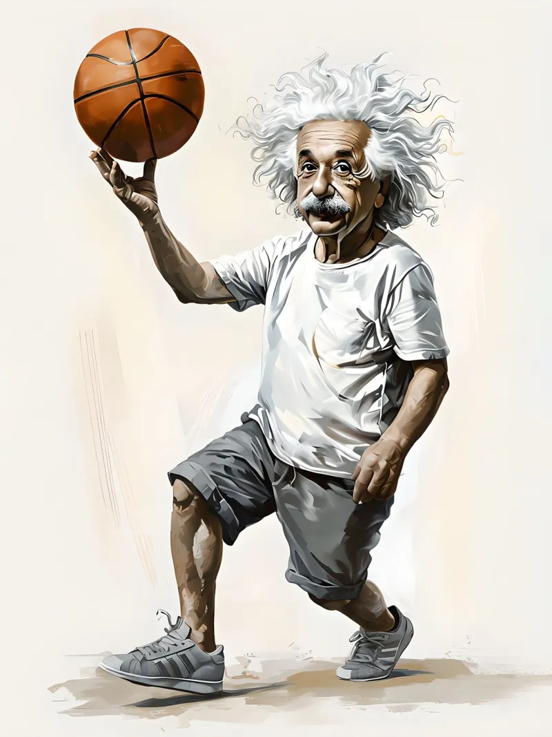 Einstein che gioca a basket poster con telaio in legno da 🎁 ARTVI-SHOP