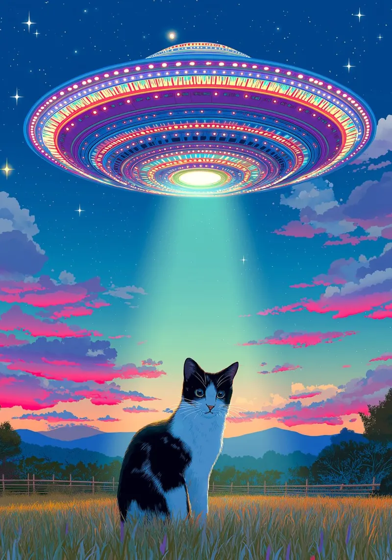 Gatto e astronave UFO poster con telaio in legno da Stellar Creative