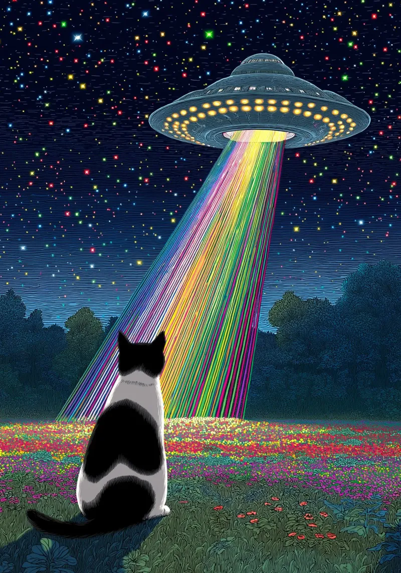 Gatto e UFO poster con telaio in legno da Stellar Creative
