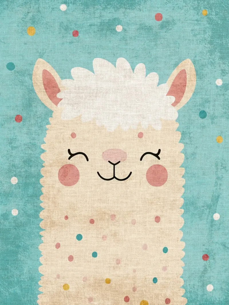 lama sorridente faccia di lama occhi chiusi pelliccia soffice poster con telaio in legno da Courtney Ohling