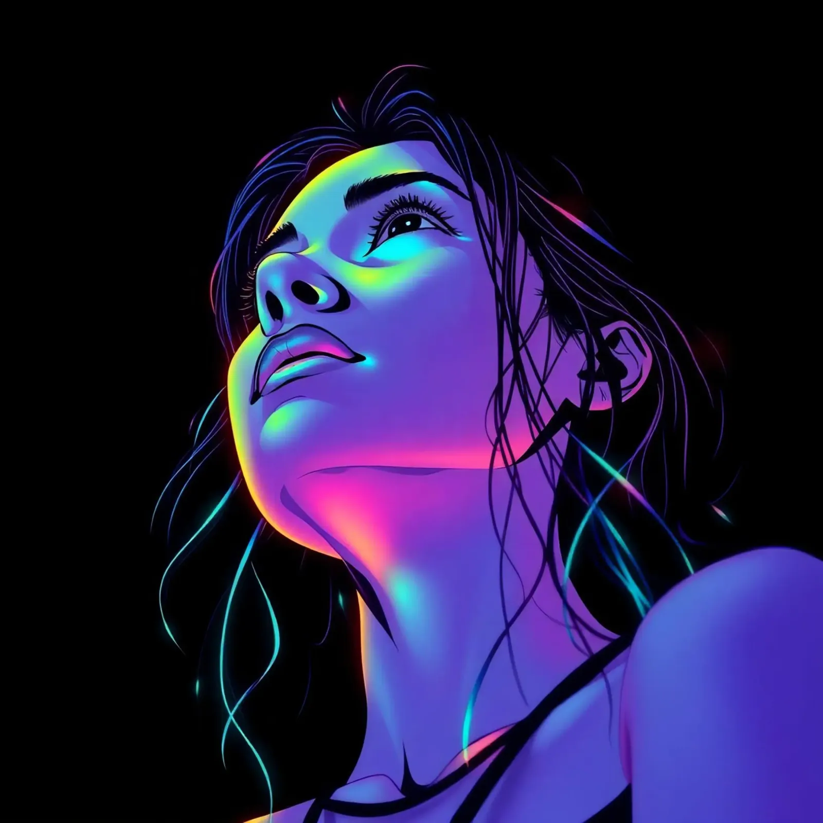 Volto di donna con sfumatura di colore al neon su nero poster con telaio in legno da DesignDoodle
