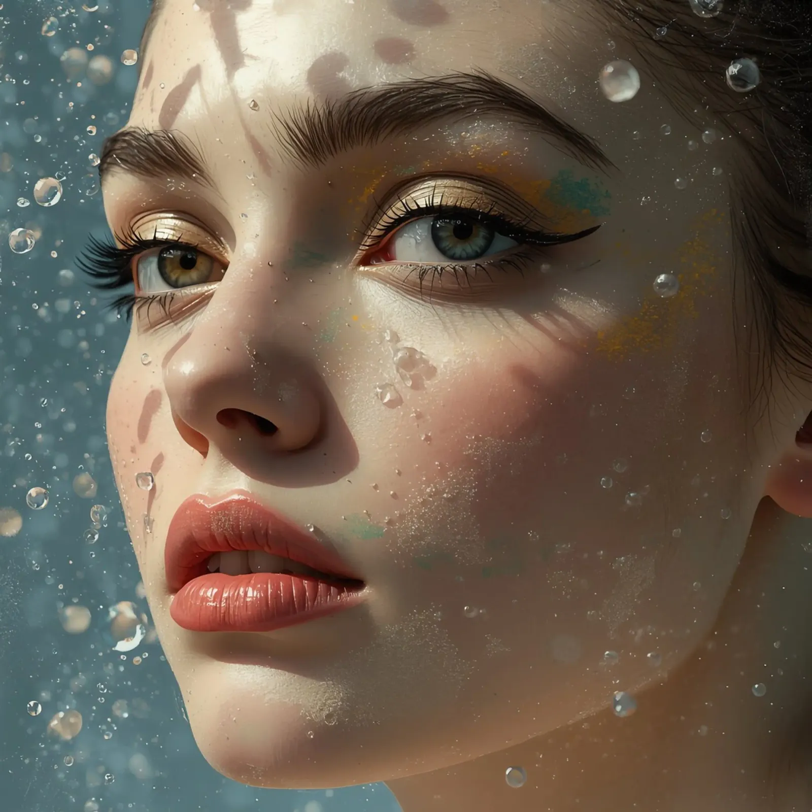 Viso di donna con trucco e gocce d'acqua poster da DesignDoodle