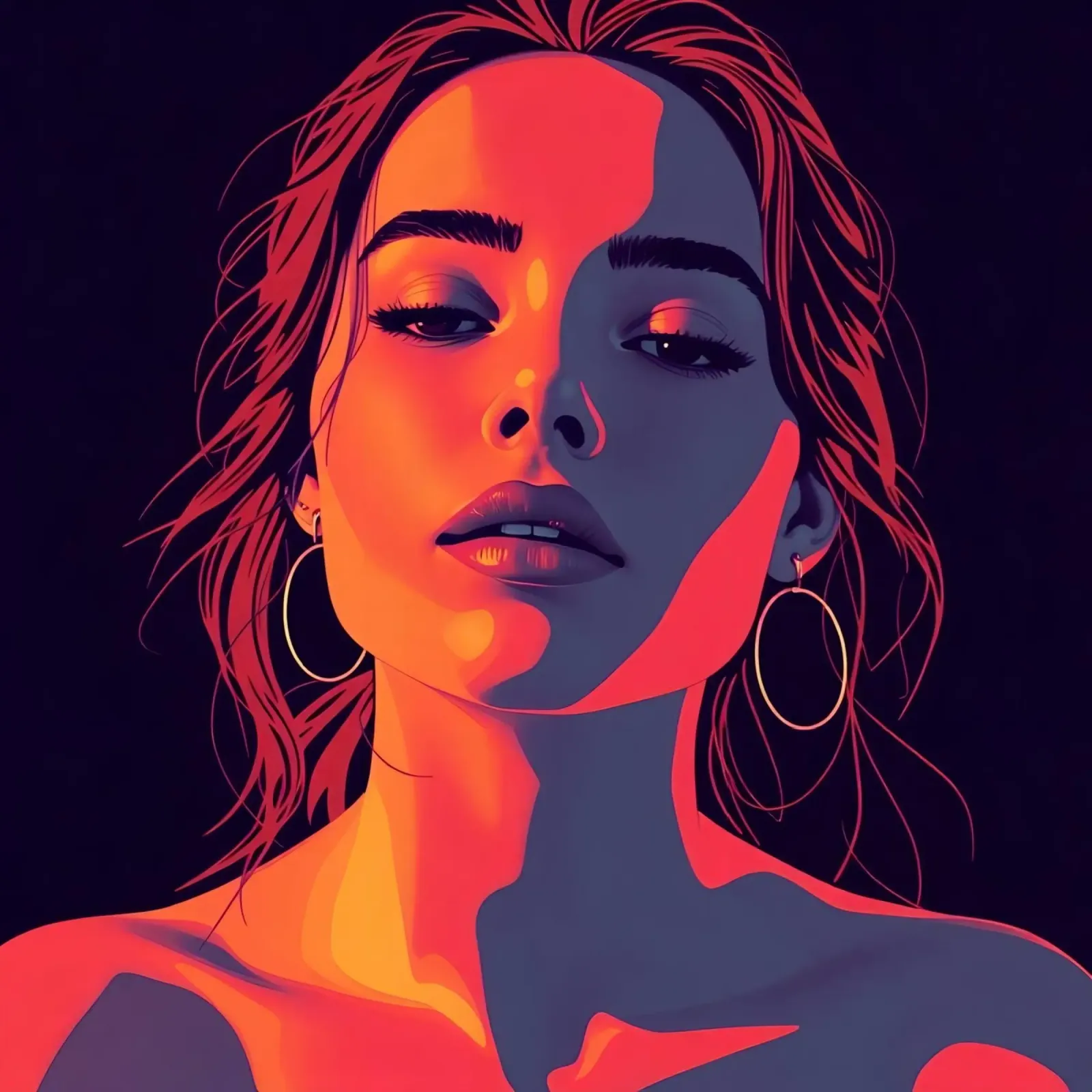 Ritratto di donna con orecchini a cerchio in luce rossa e arancione poster con telaio in alluminio da DesignDoodle