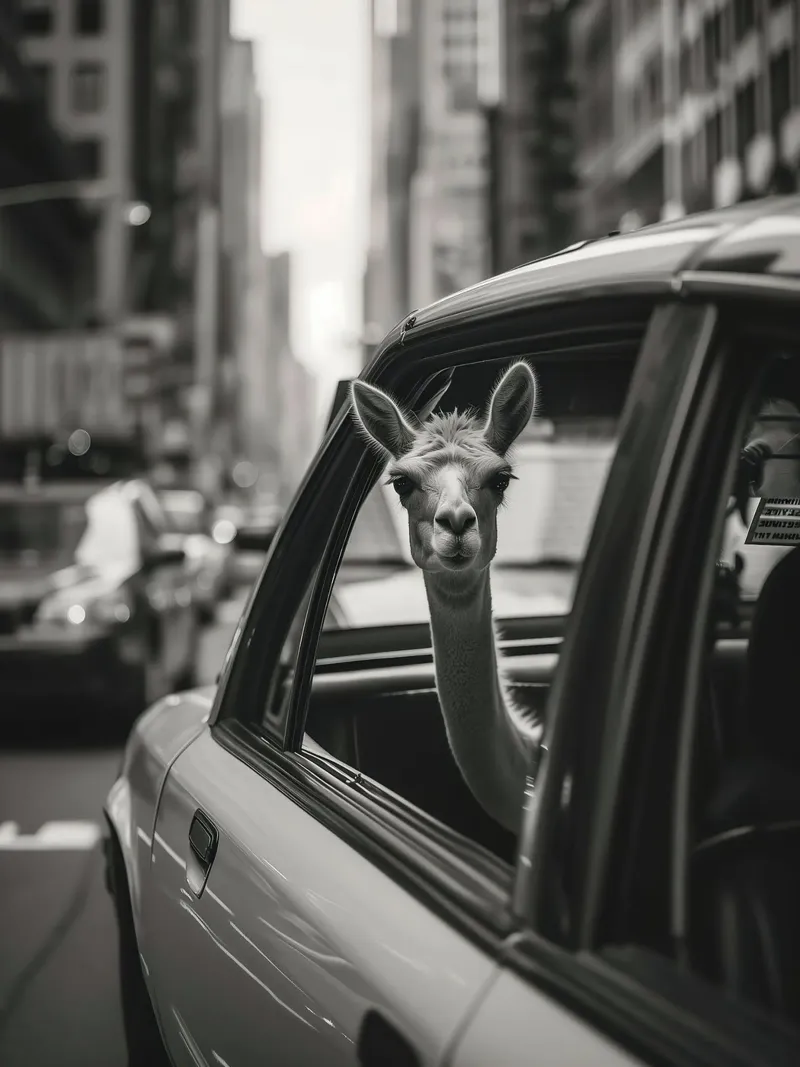 Traveling llama in New York poster con telaio in legno da Leonard Barreiro