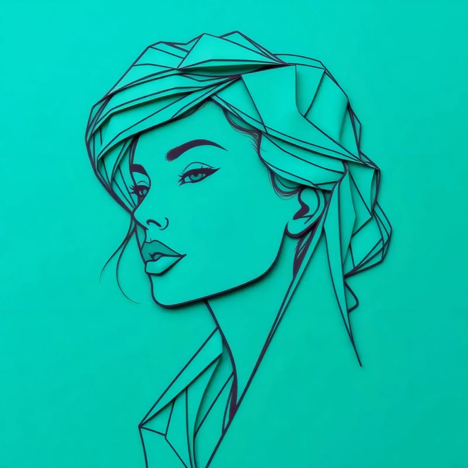 Ritratto di donna in carta verde poster con telaio in legno da DesignDoodle
