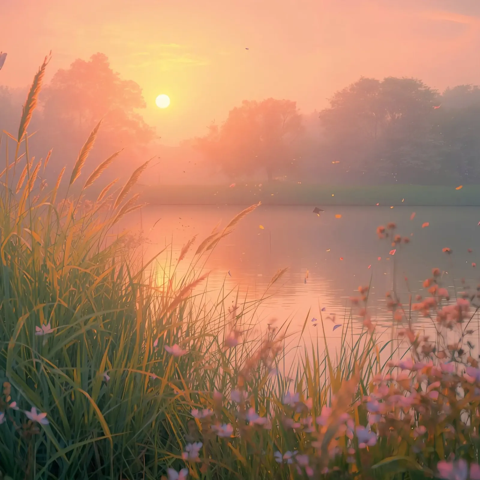 Tramonto sul lago con erba e fiori selvatici poster con telaio in legno da DesignDoodle