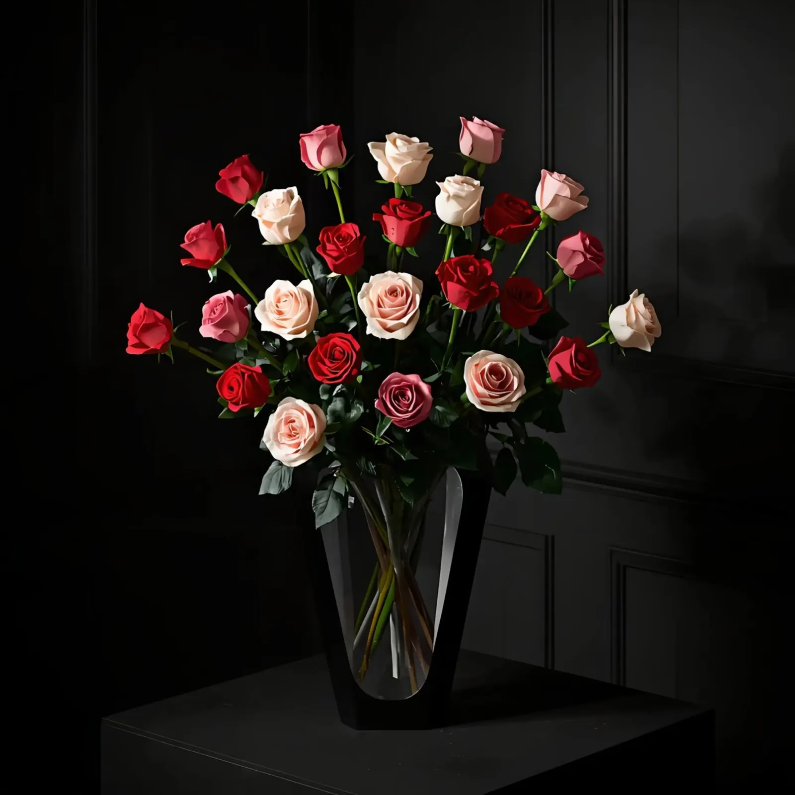 Bouquet di rose in vaso sul tavolo poster con telaio in alluminio da DesignDoodle