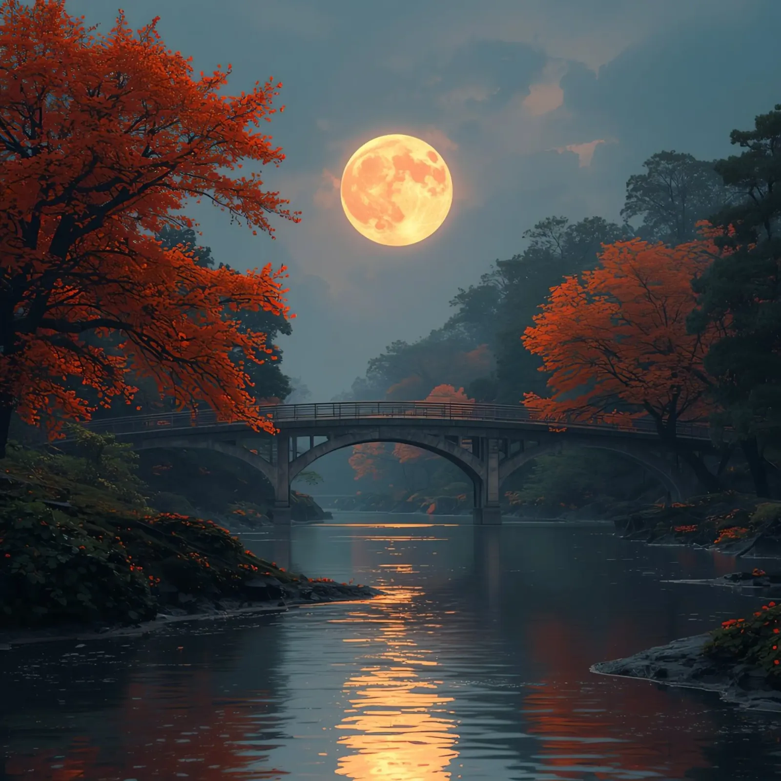 Paesaggio fluviale con ponte di pietra e luna piena poster da DesignDoodle