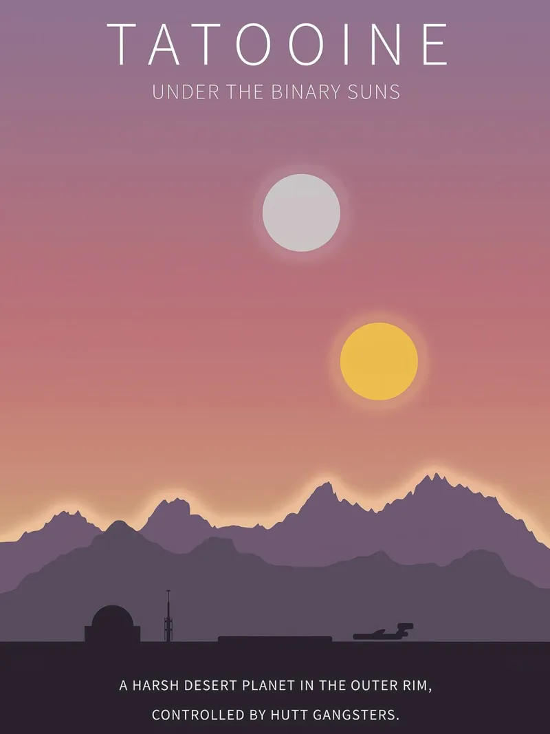 Tatooine Under The Binary Suns poster avec cadre en plastique de Robert Hoff