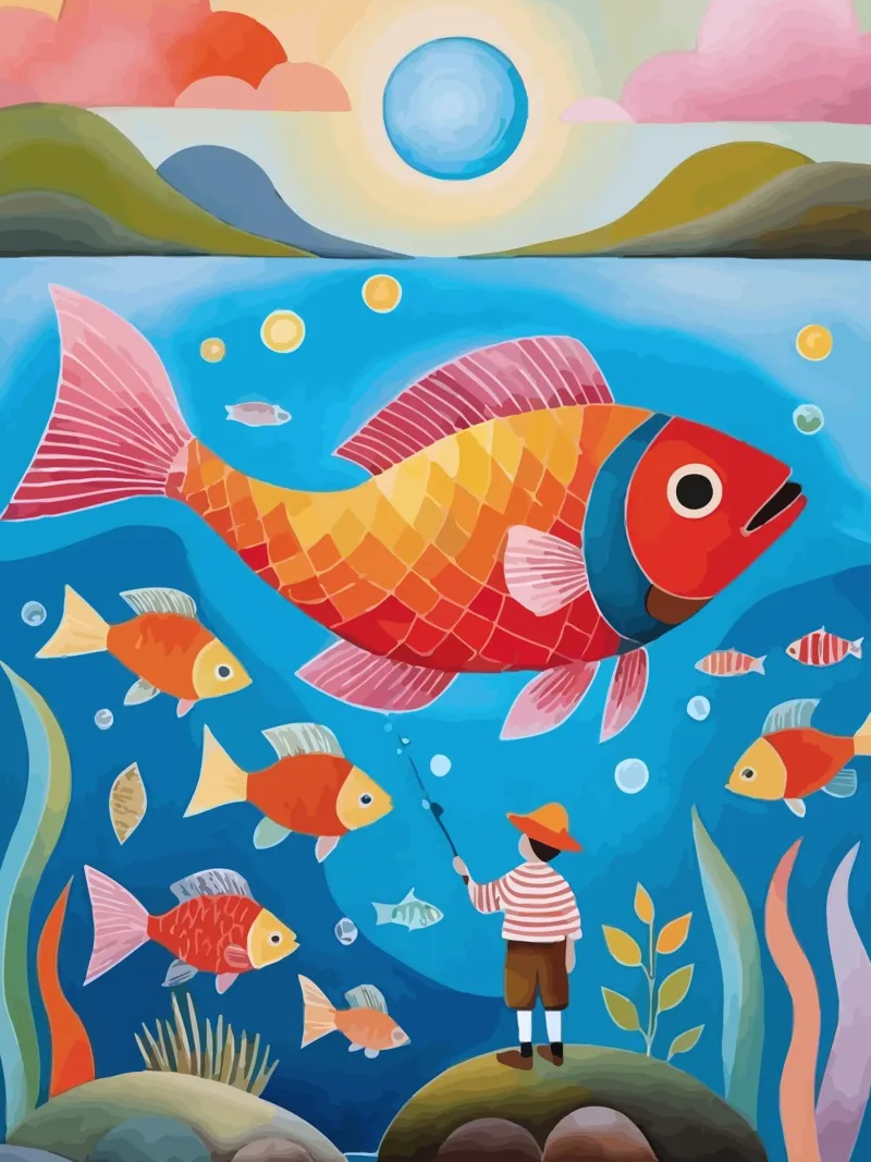 fish and a child fishing poster con telaio in alluminio da Dumery Art