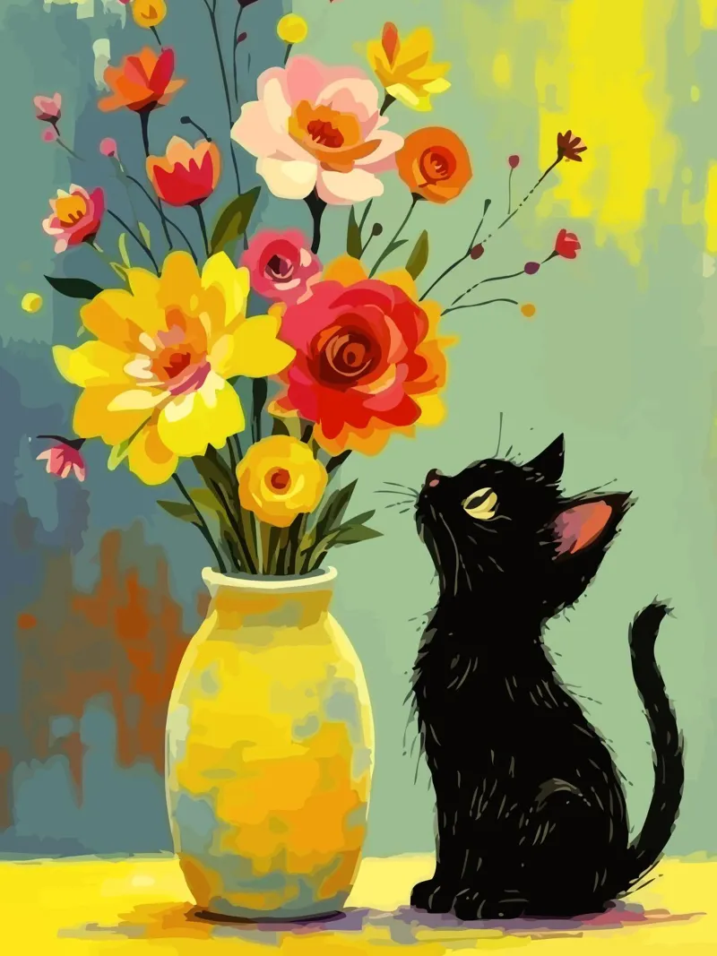 a black kitten near a flower vase canvas with Floater frame by Dumery Art