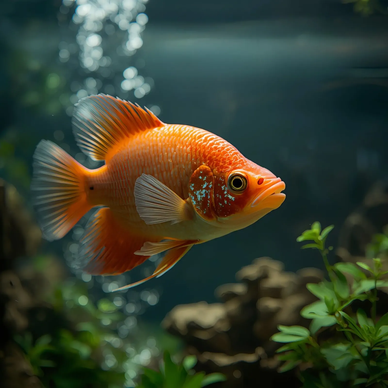 Pesce arancione in acquario con piante e bolle di sapone poster da DesignDoodle
