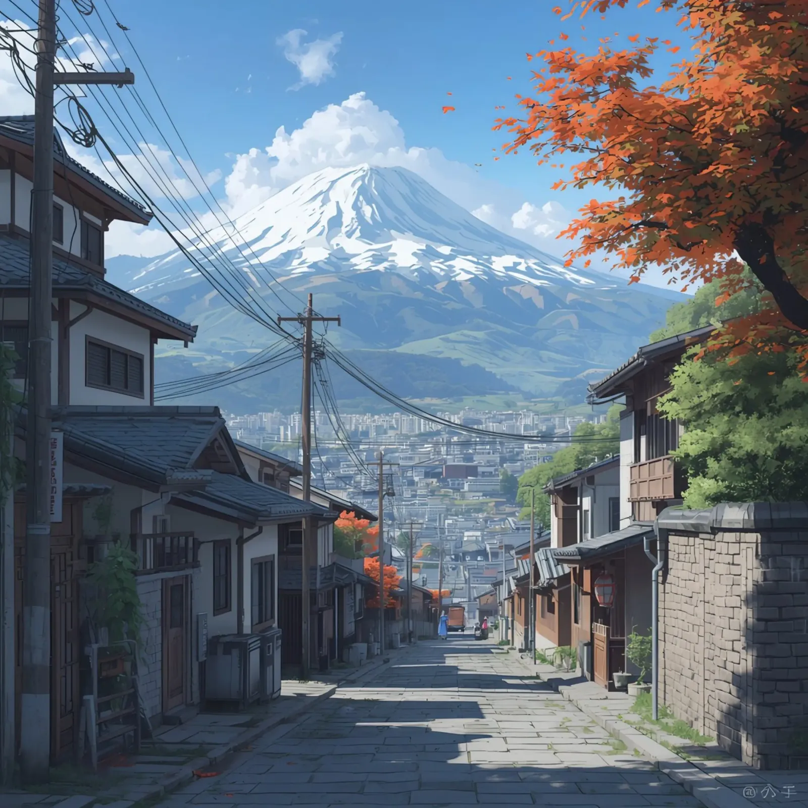 Vista sul Monte Fuji da una strada di ciottoli con case giapponesi poster con telaio in legno da DesignDoodle