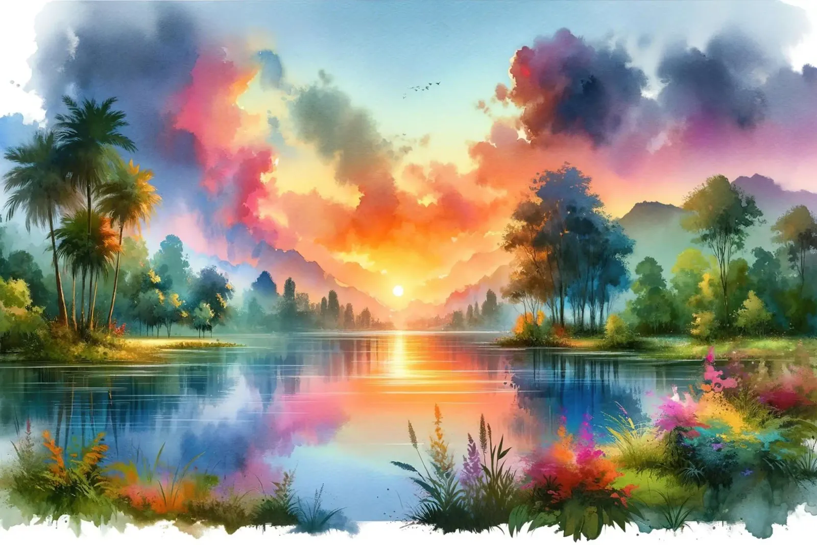 Levendige zonsondergang over het serene meer canvas met Baklijst van Chromatic Fusion Studio