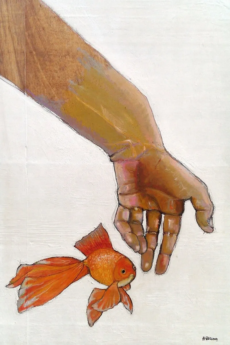 Mano con koi poster con telaio in plastica da Martin Ahrens