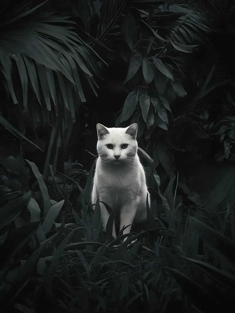 Chat blanc dans la jungle nocturne poster avec cadre en plastique de Plain Thoughts