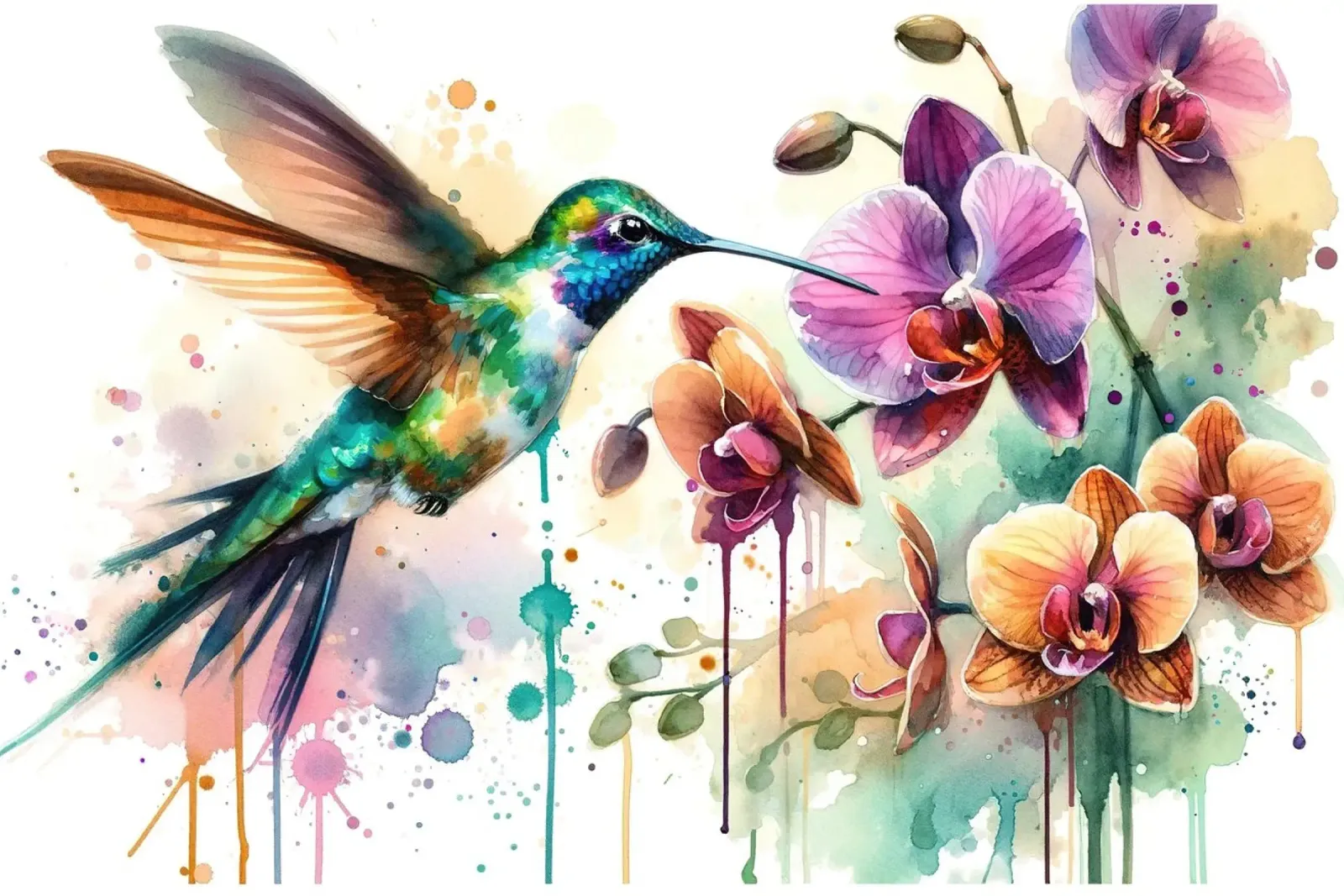 Kolibrie dansend tussen orchideeëndruppels canvas met Baklijst van Chromatic Fusion Studio