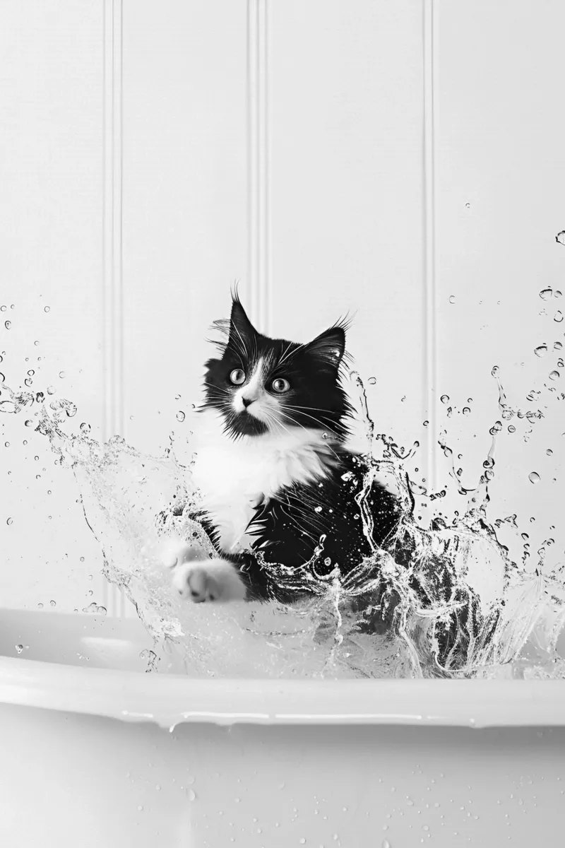 Tuxedo kat spettert in bad, zwart-wit kunst canvas met Baklijst van Vibrant Vintage Prints