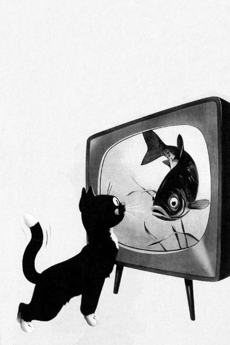 Tuxedo Cat Looking At Fish On TV, Black and White Art poster by Vibrant Vintage Prints