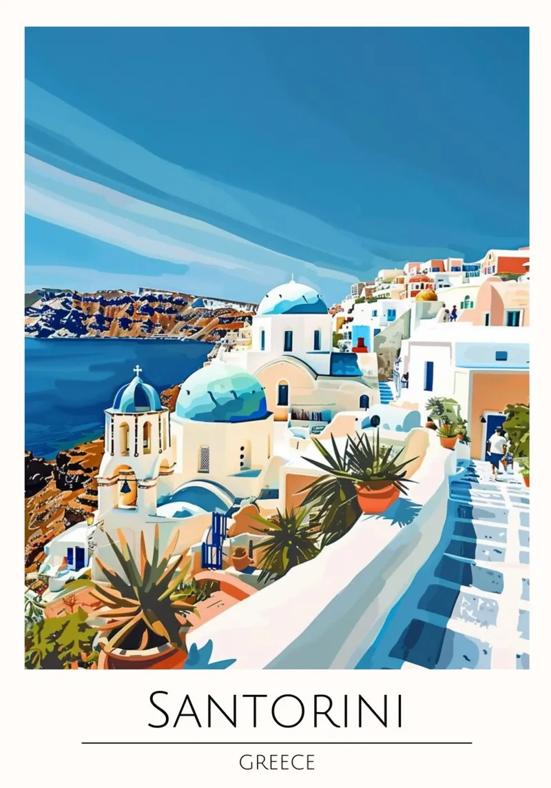 Santorini, Grecia - Poster di viaggio in stile vintage poster con telaio in plastica da homdeco