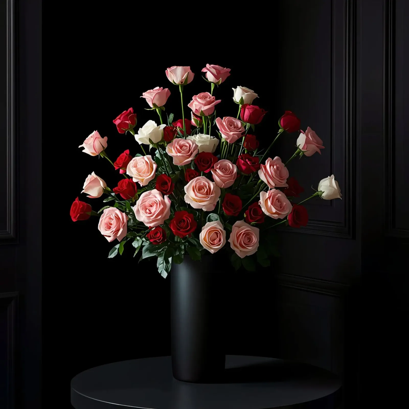 Composizione floreale con rose in vaso nero poster con telaio in alluminio da DesignDoodle