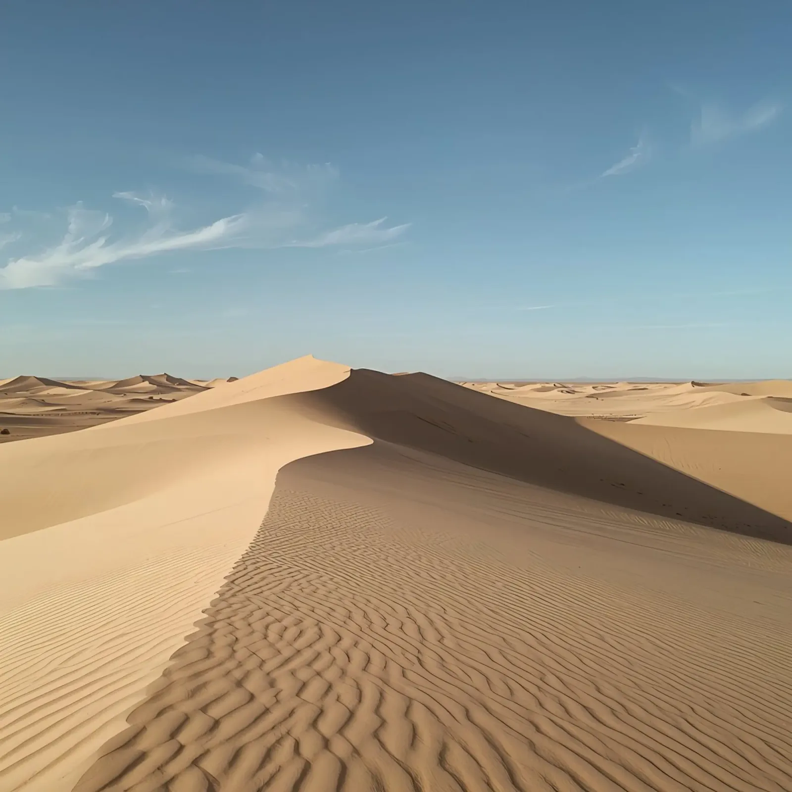 Paesaggio desertico con dune di sabbia e cielo blu poster con telaio in legno da DesignDoodle