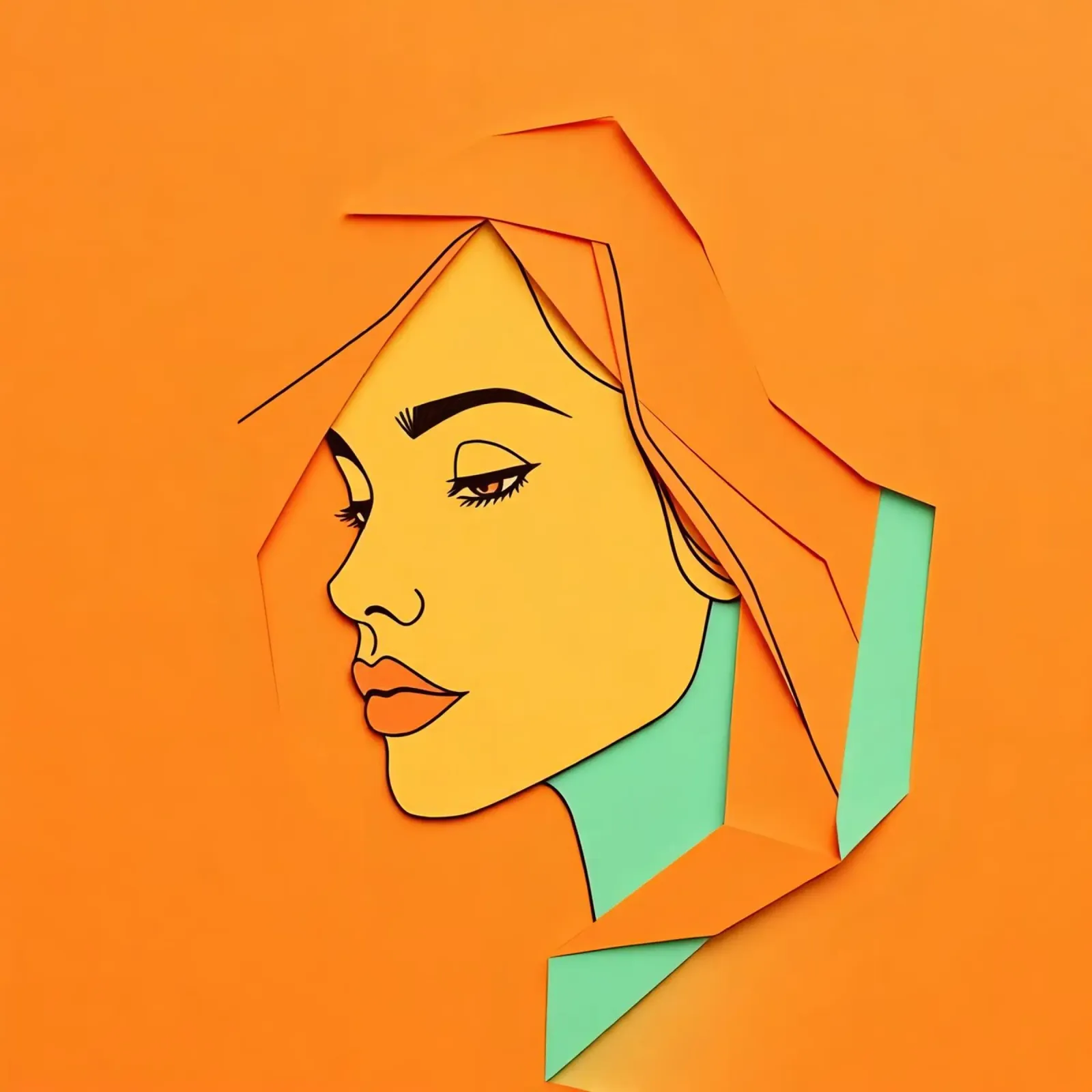 Opera d'arte in carta tagliata di profilo di donna con arancione e verde poster con telaio in legno da DesignDoodle