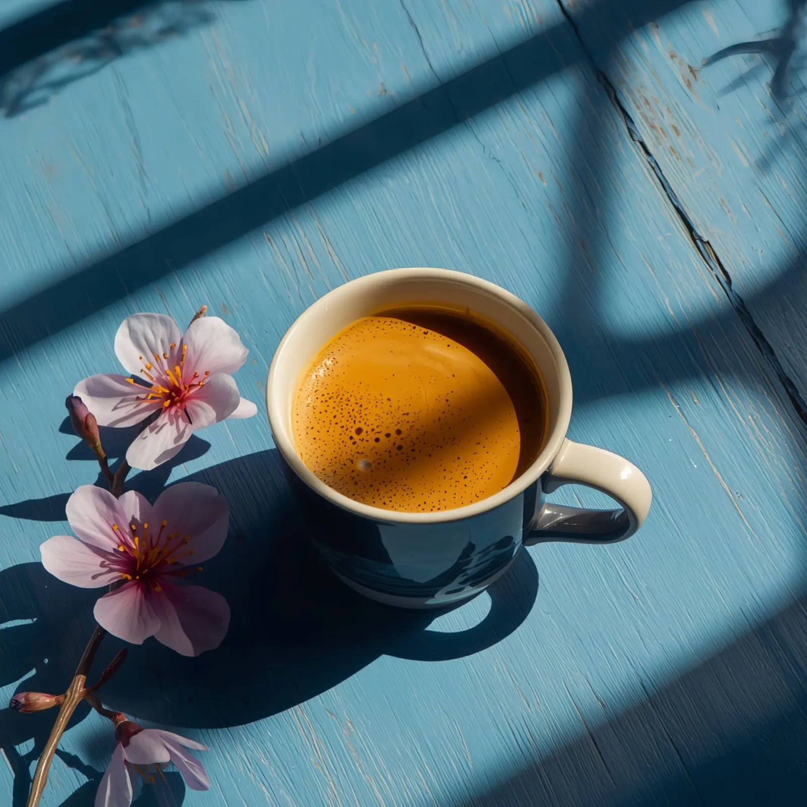 Tazza da caffè con fiori di ciliegio su tavolo di legno blu poster con telaio in plastica da DesignDoodle