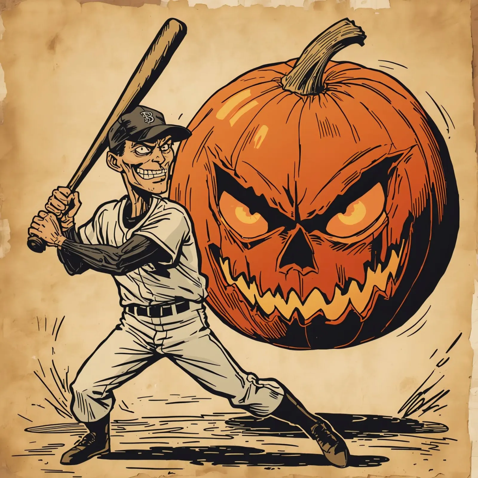 Illustrazione di un giocatore di baseball e di Jack-o'-Lantern poster con telaio in alluminio da DesignDoodle