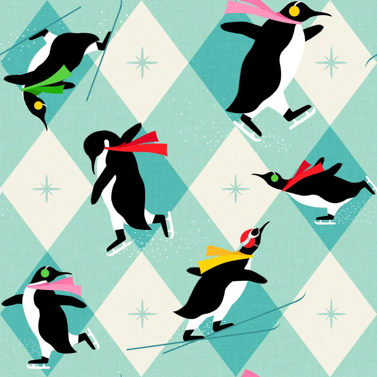 Festive Penguins ice-skating • Retro aqua argyle Pattern canvas by Dominique Vari