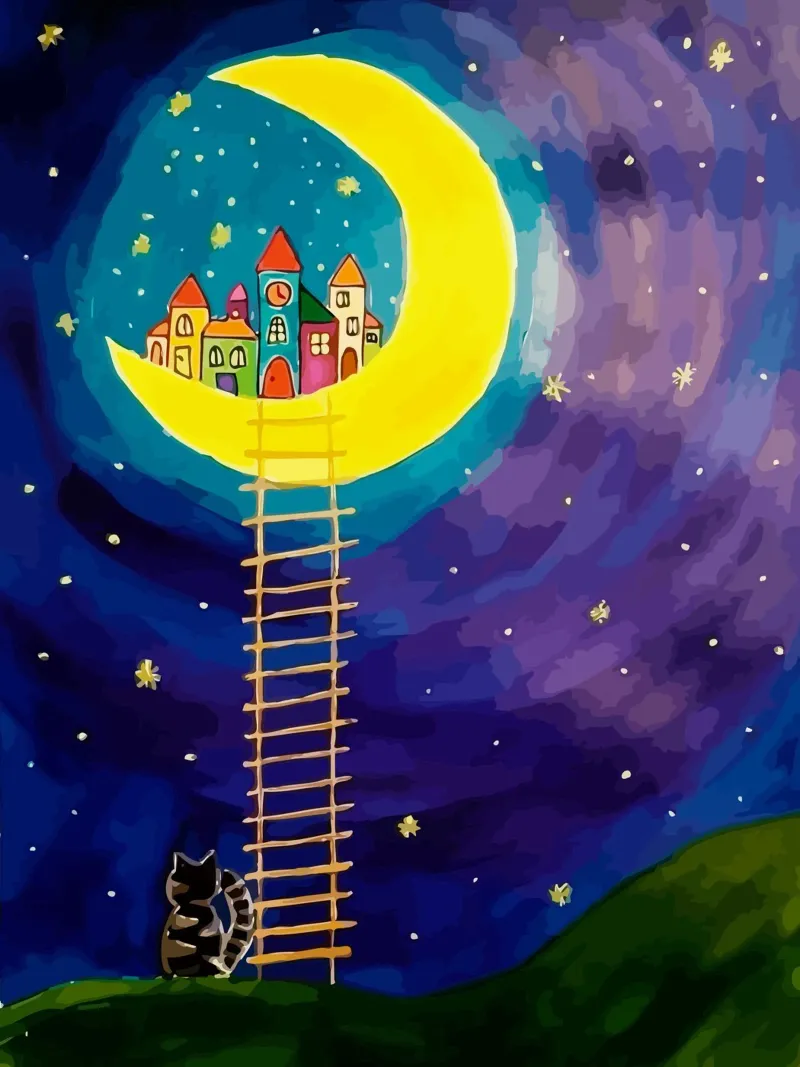 stairs up to the moon poster con telaio in legno da Dumery Art