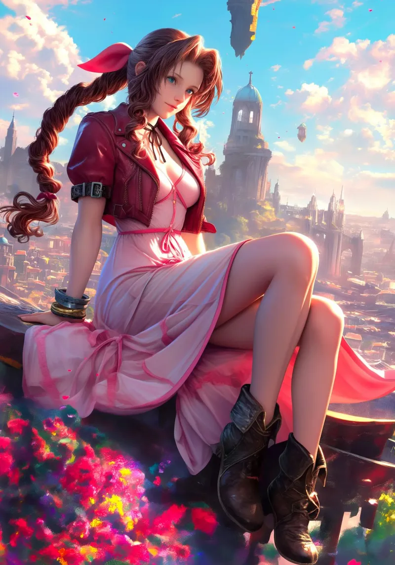 Aerith che si affaccia su Midgar Final Fantasy FFVII FF7 poster con telaio in legno da Stellar Creative