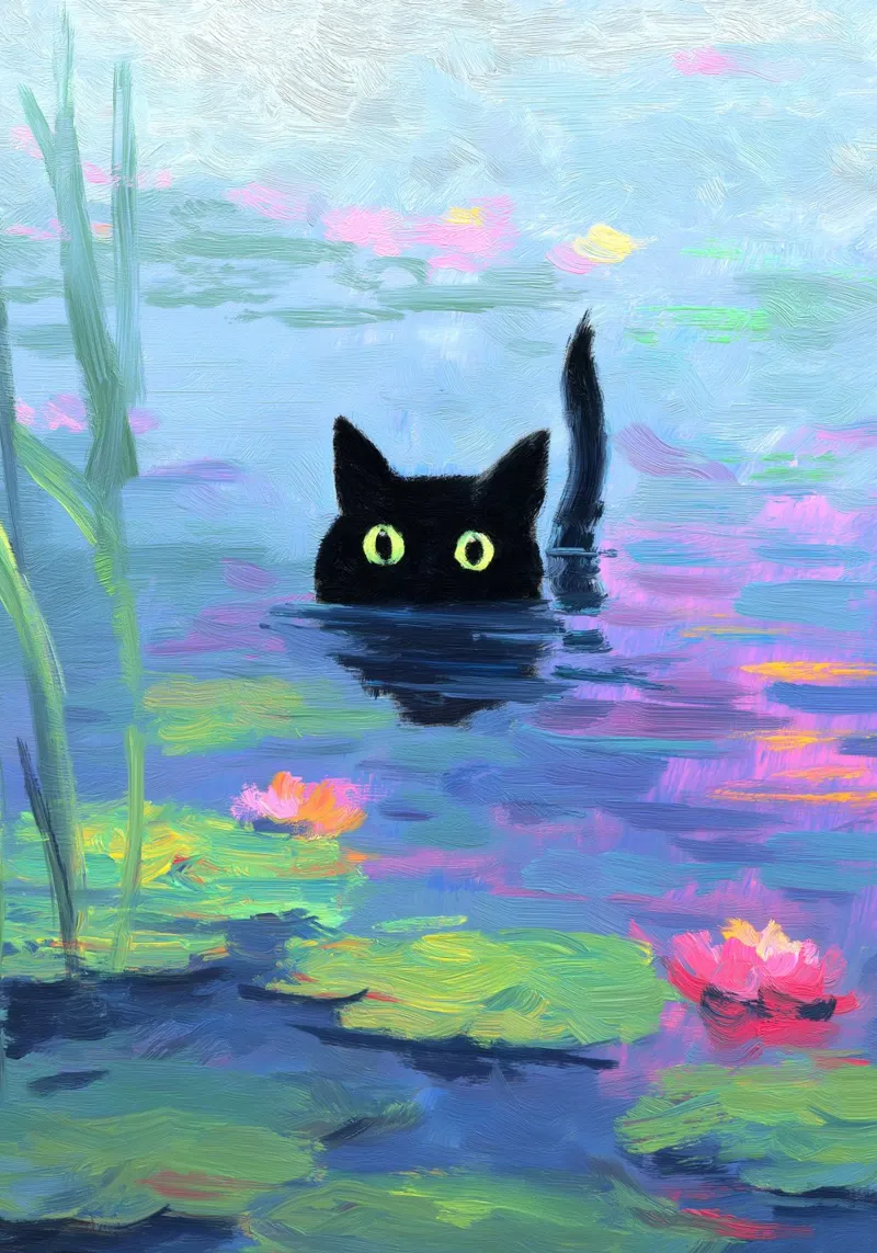 Zwarte kat zwemt in lelievijver canvas met Baklijst van Stellar Creative
