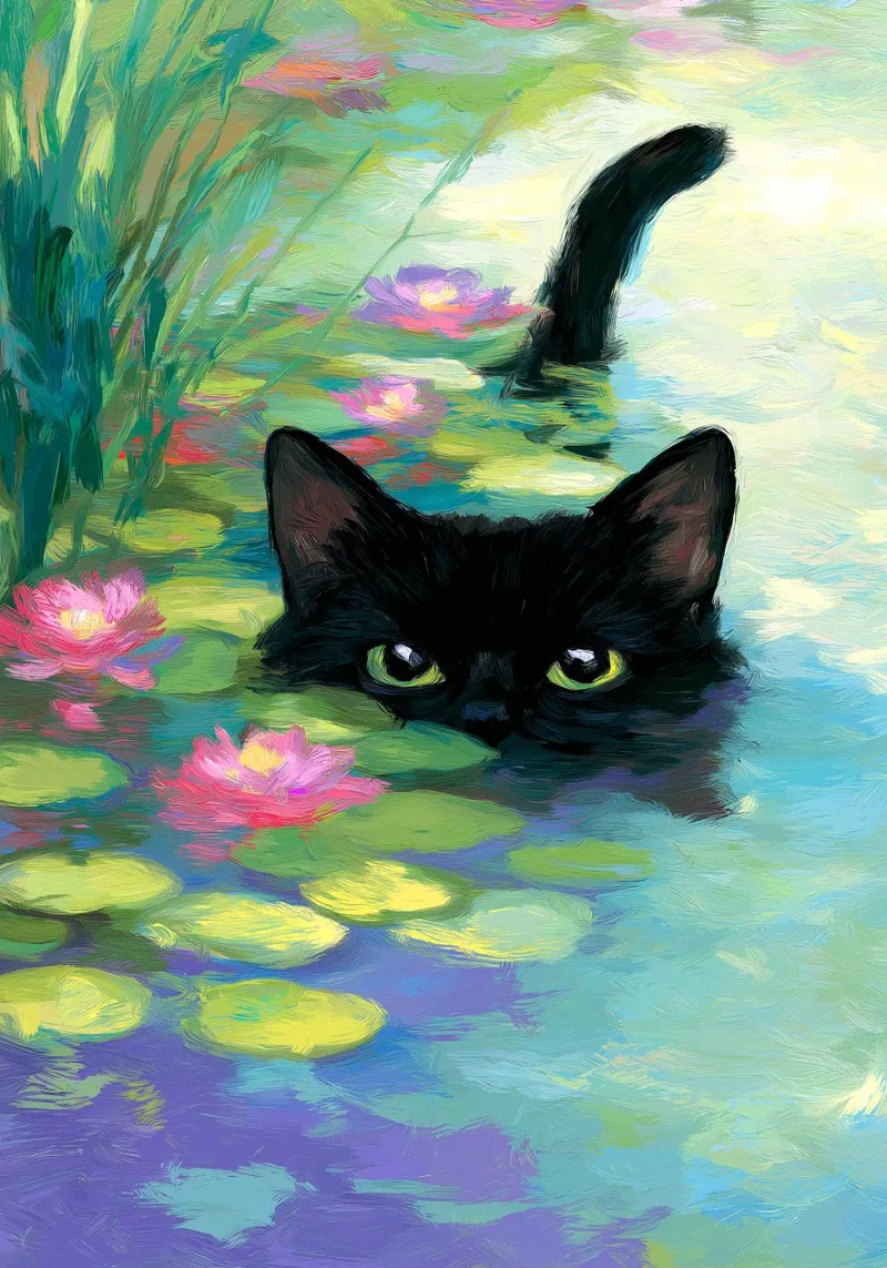 Gatto nero che nuota tela con Cornice a cassetta da Stellar Creative