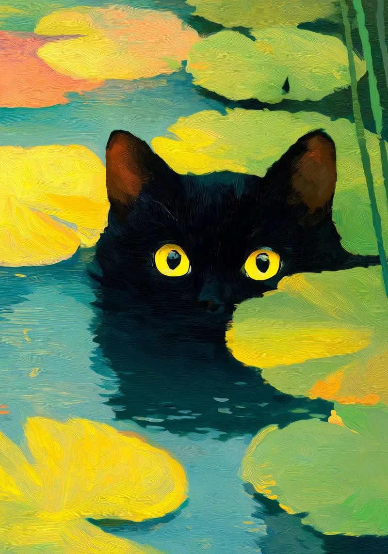 Chat noir nageant dans l'eau poster de Stellar Creative