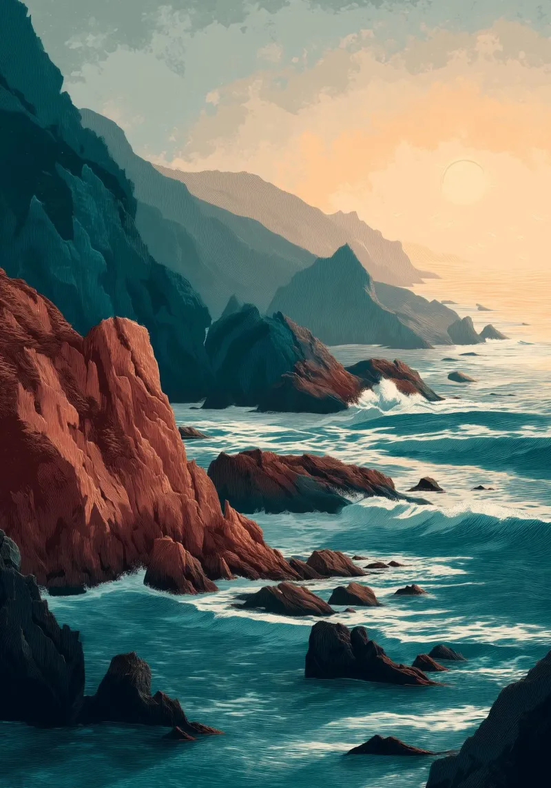 Coastal Landscape Print - Ocean Cliffs and Sunset Horizon canvas by Dune