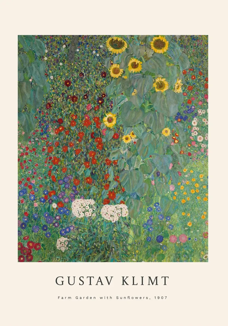 Gustav Klimt - Giardino della fattoria con girasoli poster con telaio in legno da Roy Terrell
