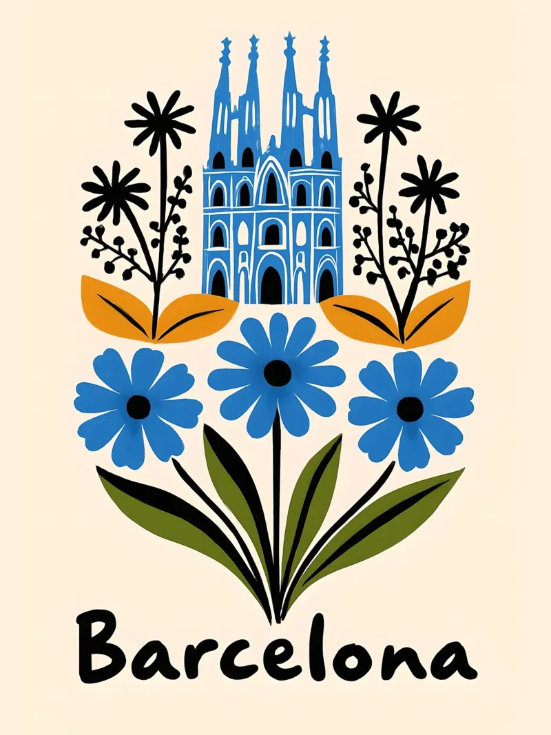 Illustrazione del punto di riferimento floreale di Barcellona poster con telaio in alluminio da 🎁 ARTVI-SHOP