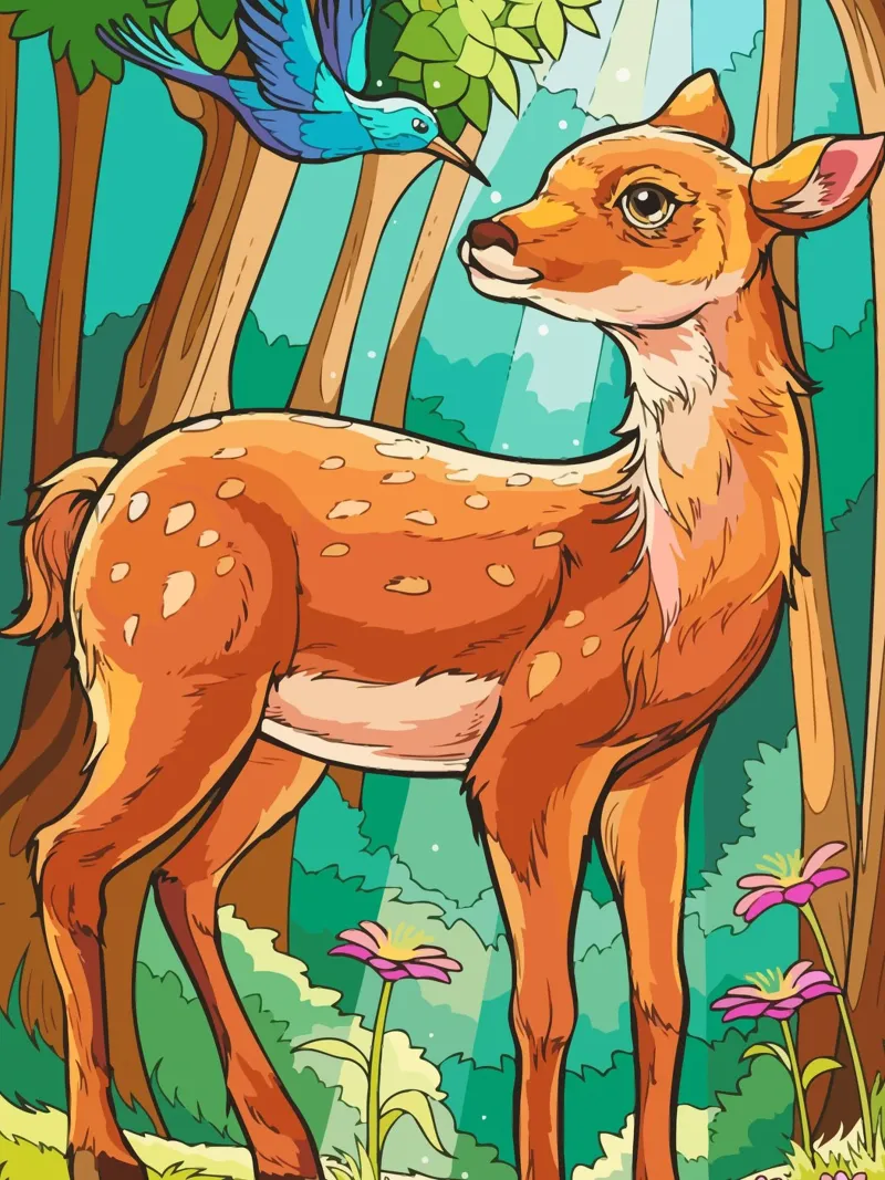 deer playing with birds poster con telaio in legno da Dumery Art