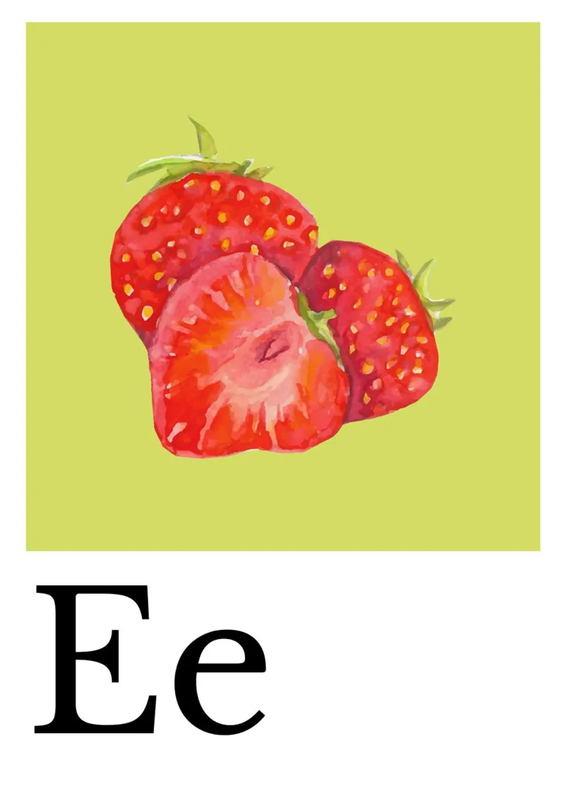 Buchstabe E - E wie Erdbeere poster con telaio in alluminio da Grünkraftwerk